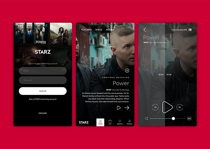 starz mobile design project mockup